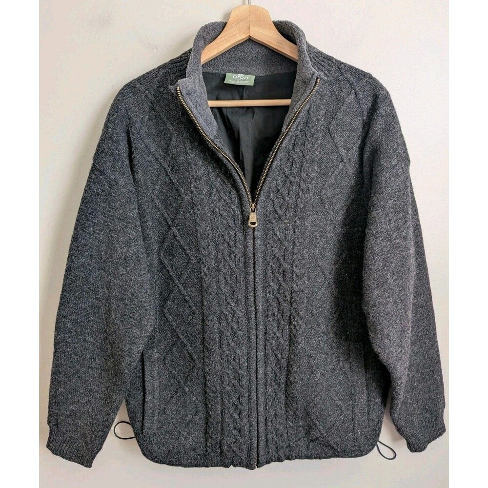 Aran Irish Wool Mens Lined Sweater Jacket Cardigan Charcoal Gray Full Zip Small